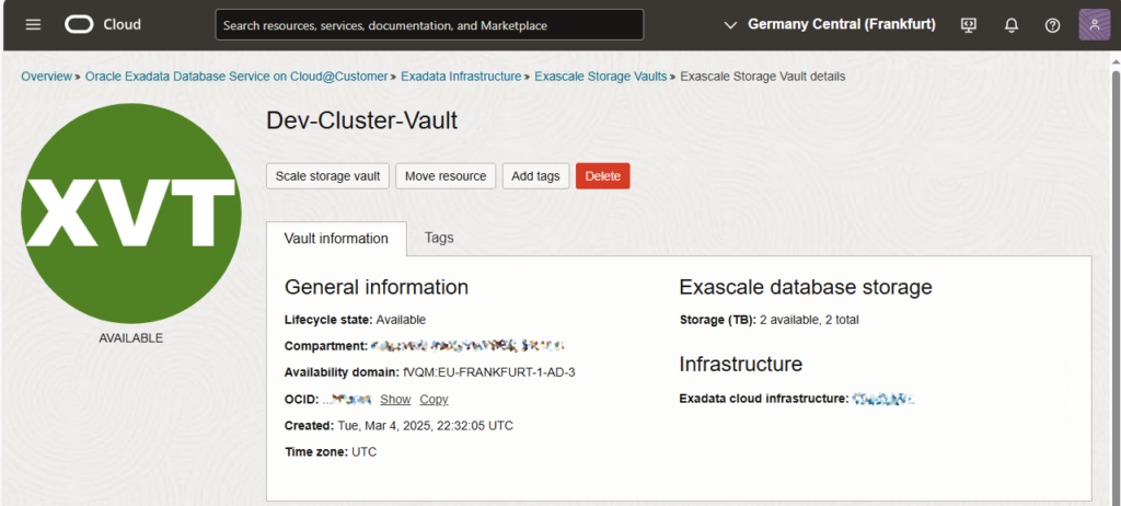 Exascale Storage Vault Detail Page