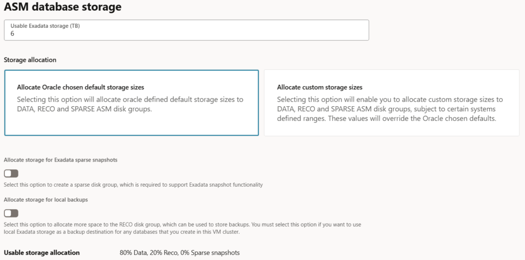 Allocate Oracle choosen default storage sizes
